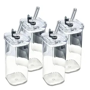 4 Pack Glass Cups with Lids and Straws 13oz SquareGlasses Drinking Set, lced Coffee Cups with LidsReusable Glass Cute Clear Glass Cups, DrinkingGlassware for Beer, Tea, Cocktail, Whiskey, Juice Drinkware Stylish Tumblers