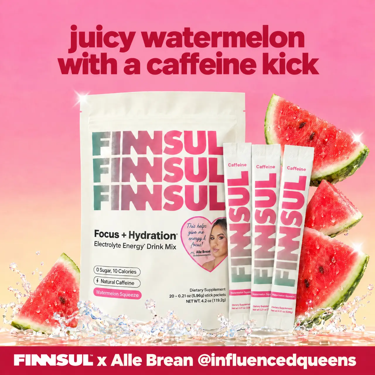 FINNSUL Focus Energy, 20 Packets Electrolytes Drink Mix with Cognizin, Magnesium, Biotin, 150mg Caffeine - Sugar Free & Low Calorie, Watermelon Squeeze