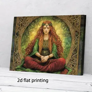 1 Piece Celtic Goddess Seri German Canvas Wall Art - 29.97x 39.88cm , 2D Flat Wooden Frame, Sacred Celtic Print with Intricate Gold and Green Design, Perfect for Bedroom and Living Room Decoration, Bedroom Wall Decoration| Mysterious Mural| Detailed Artwo