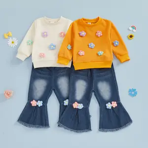 Canrulo Little Kid Baby Girls Sweet 2Pcs Outfits Crochet Flower Decor Waffle Sweatshirt Long Denim Flare Trousers Clothes Set