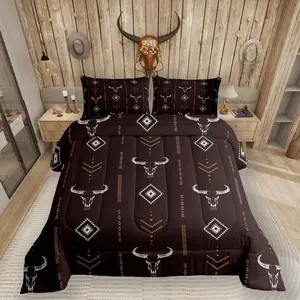 Feelyou Western Bull Skull Comforter Set - Animal-Inspired Design with Geometric Shapes, Tribal Aztec Arrows, Brown Adult Bedroom Decor Ideas (Queen Size Option Available)