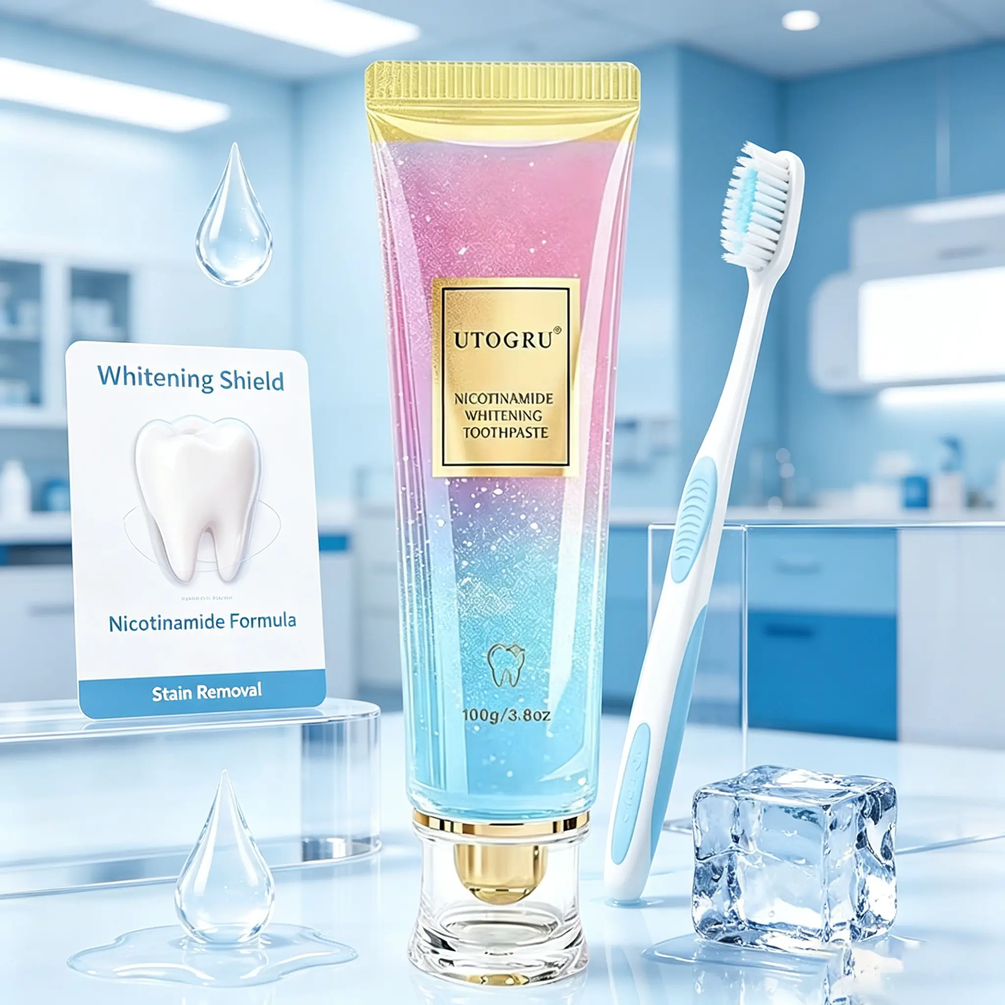 Rapid whitening toothpaste, specially designed for sensitive teeth, with a fresh mint flavor, prevents cavities and provides gum care.