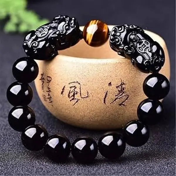 Rare Stone Obsidian Bracelet, 14mm Beads, 16cm-17.5cm Length Collectible Cultural Item