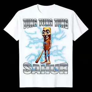 "TUNG TUNG TUNG SAHUR Meme T-Shirt, Funny Anthropomorphic Baseball Bat Graphic Tee, Viral TikTok Trend Shirt, Weird Humor Clothing, Casual Cotton Top for Men Women, Gift for Meme Lovers, USA Size S-3XL" world tshirts soft cotton streetwear clothes white