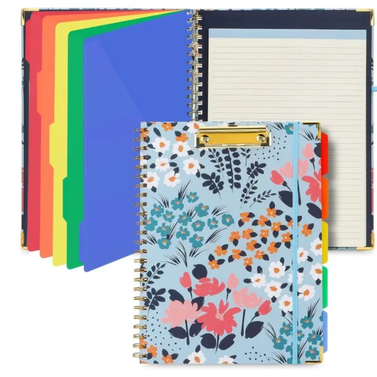 A4 Spiral Clipboard Folio With Refillable Lined Notepad, 5 File Folders, 10 Pockets, Pen Loop & Labels