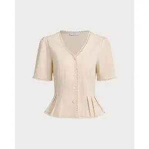 Beige V Neck Pleated Button Blouse