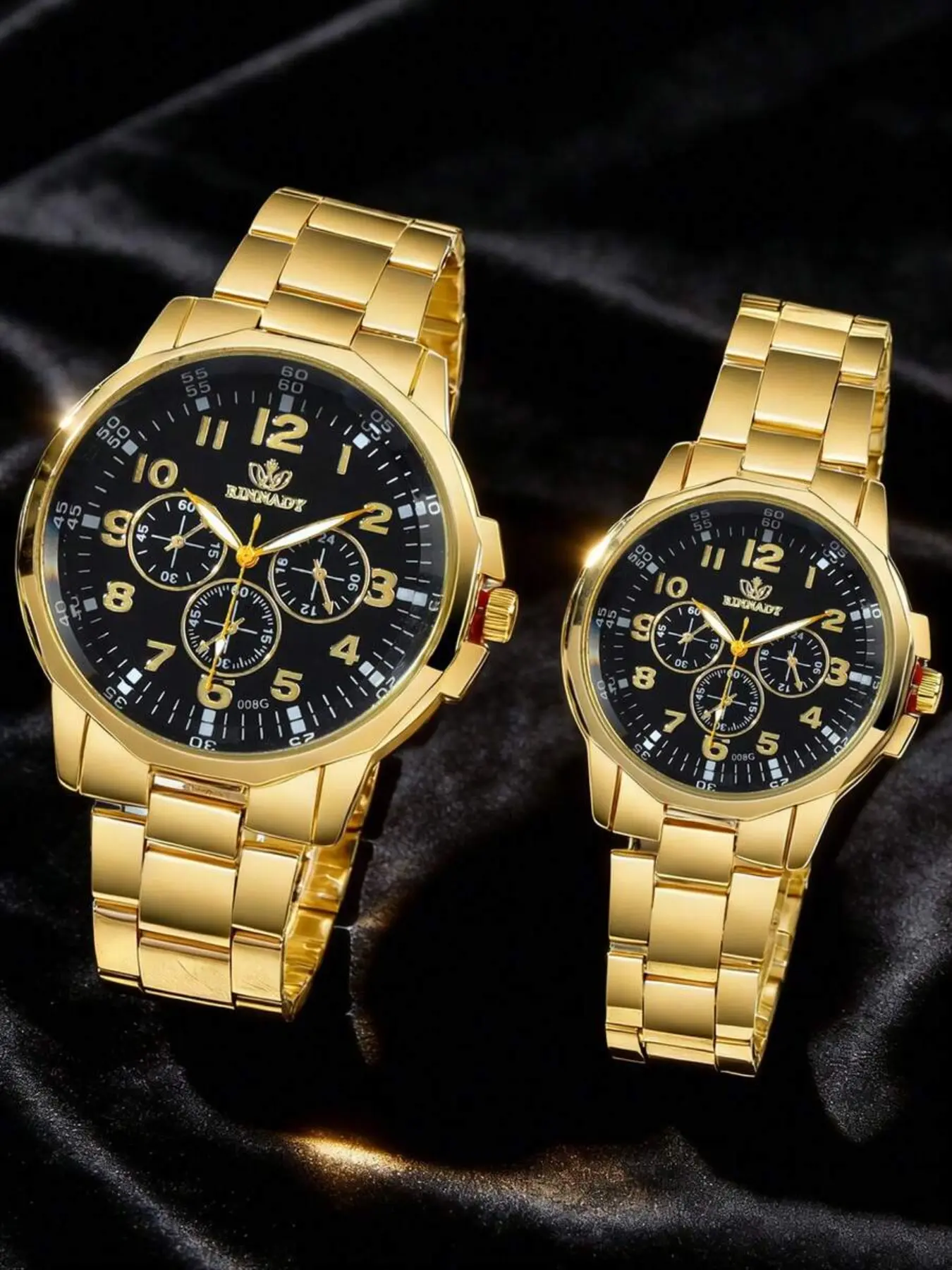 2pcs Minimalist Business Couples Quartz Watches, Fashionable Stylish Watch, Couples' Gold Accessory Set (Including Alloy Metal Strap With Black Gold Accents And Black Dial Analog Quartz Watch With Chronograph Function) Fashionable Wristwatch