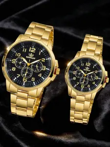 2pcs Minimalist Business Couples Quartz Watches, fashionable watch, Couples' Gold Accessory Set (Including Alloy Metal Strap With Black Gold Accents And Black Dial Quartz Watch With Chronograph Function).