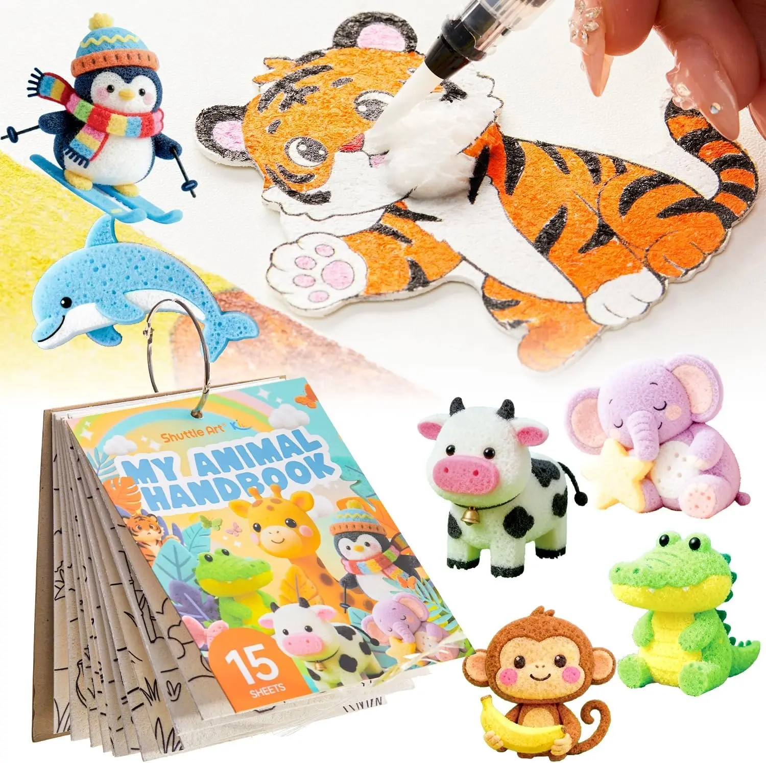 Shuttle Art-63 Pcs Magic Foam Texture Painting Kit Animal Series 15 Animal Foam Pieces, Coloring Book with 15 Scenes, 12 Acrylic Paint Markers, Magical 3D Effect DIY Art Craft, Gifts