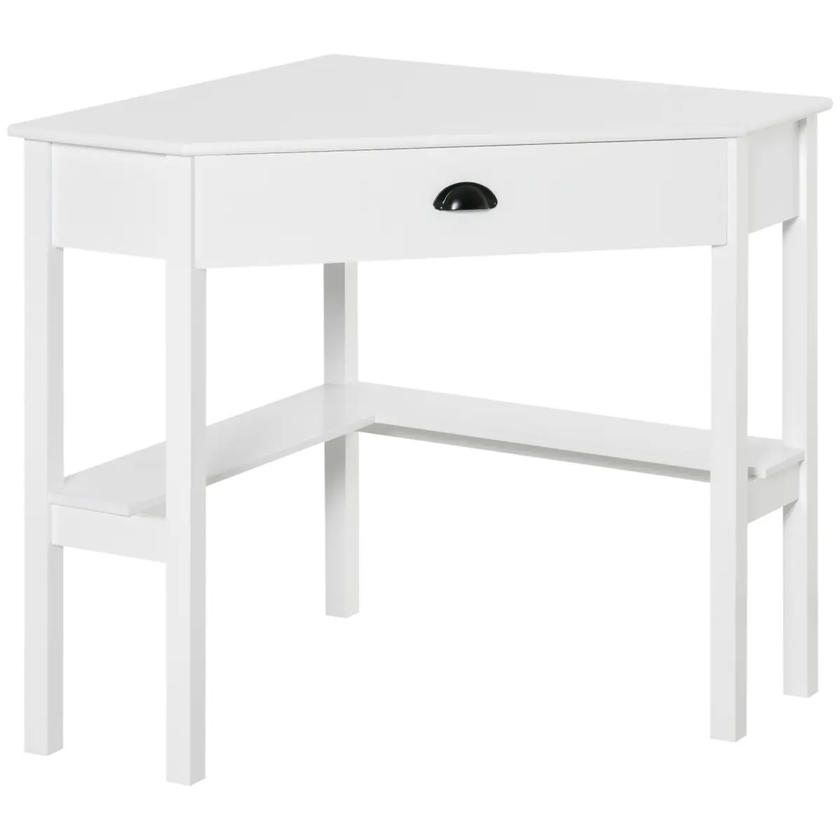 White Space-Saving Corner Triangle Computer Desk - 29.5" w x 29.5" d x 30" h, 32 lbs, P2 MDF Board, Sturdy Home Office Workstation with Drawer, Storage Shelves for Small Spaces, Living Room or Bedroom, 110 Lbs. (Total), 22 Lbs. (Drawer)