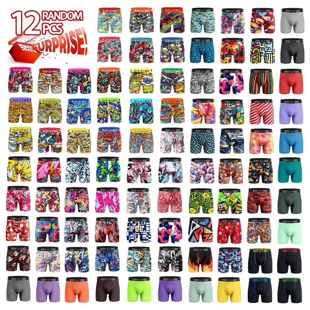 KJFISTMU 12-piece men's boxer briefs set, solid color and printed designs, breathable and quick-drying, simple and stylish - lightweight stretchy fabric, various geometric patterns, mid-rise design, comfortable for daily wear, vibrant patterned underwear