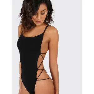 Strappy Open-Back Cheeky Bodysuit Fit Womenswear Tops Black Sleeve Sexy Spaghetti Sleeveless Minimalist