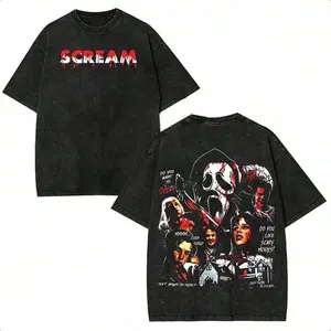 Vintage Acid Washed Cotton Horror Tee Chest Blood Drip Scream Mark Back Ghostface Movie Cast Quote Collage Dual Side Graphic Y2K Punk Street Top Breathable for Camping Skate Daily Workout Horror Collector Holiday Gift