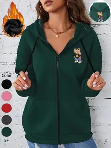 Women's Fall Winter Casual Hoodie, Cute Bear Print Zip-Up Sweatshirt, Sporty Fitted Design, Comfortable & Versatile Outerwear