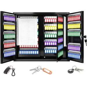 Wall-mounted key lock box with two doors (440 keys), 20 adjustable hook plates, numbered hooks and tags, steel key cabinet with index log, key storage box organizer for garage, home office, black
