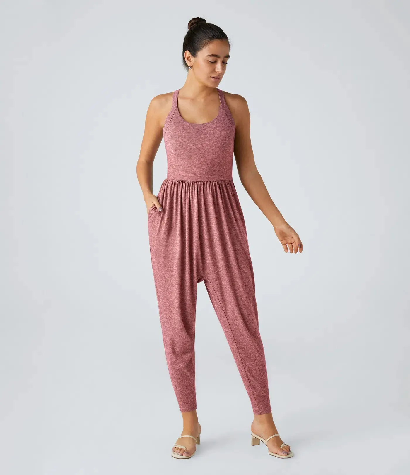 Easy Peezy Backless Twisted U Neck Harem Casual Comfy Jumpsuit with Side Pockets