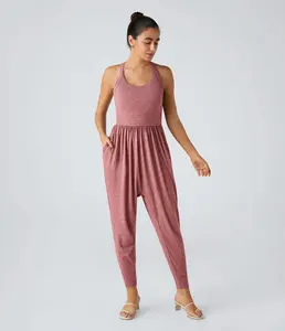 Easy Peezy Backless Twisted U Neck Harem Casual Comfy Jumpsuit with Side Pockets