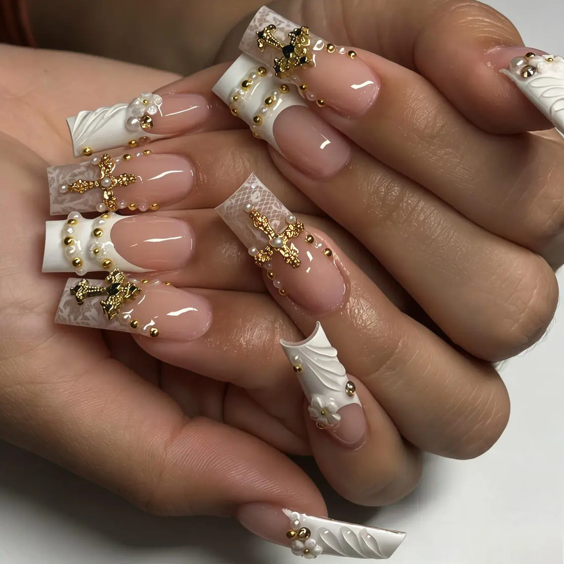 Custom White Lace Cross Press on Nails, Luxury Gold Pearl 3D Charms Fake Nails, Elegant Long Square Reusable Glue On Nails