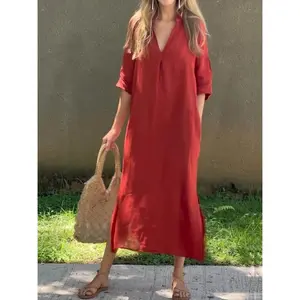 Linen Casual Dresses for Women Flowy V Neck Short Sleeve 2025 Maxi Dress Lightweight Summer Beach Vacation Clothes