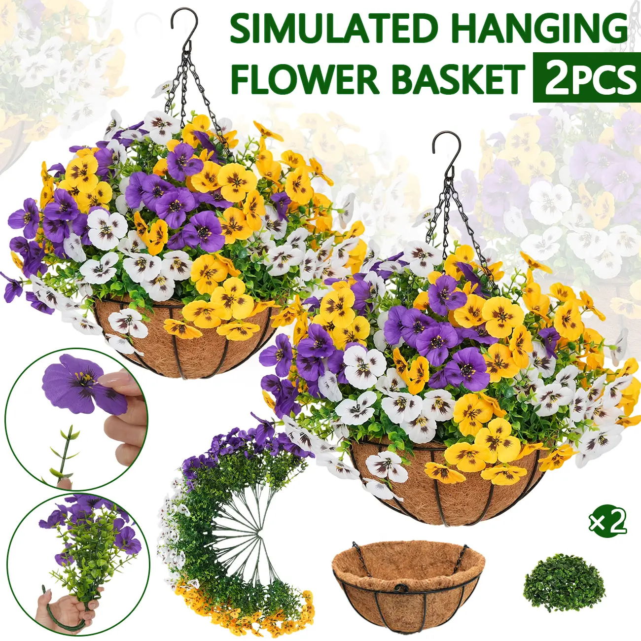 2 Pcs Artificial pansy hanging plant basket, perfect for summer outdoor decoration, made of realistic silk material, UV‑resistant, featuring vibrant pansies and eucalyptus leaves, suitable for porches, homes, patios, balconies, and gardens