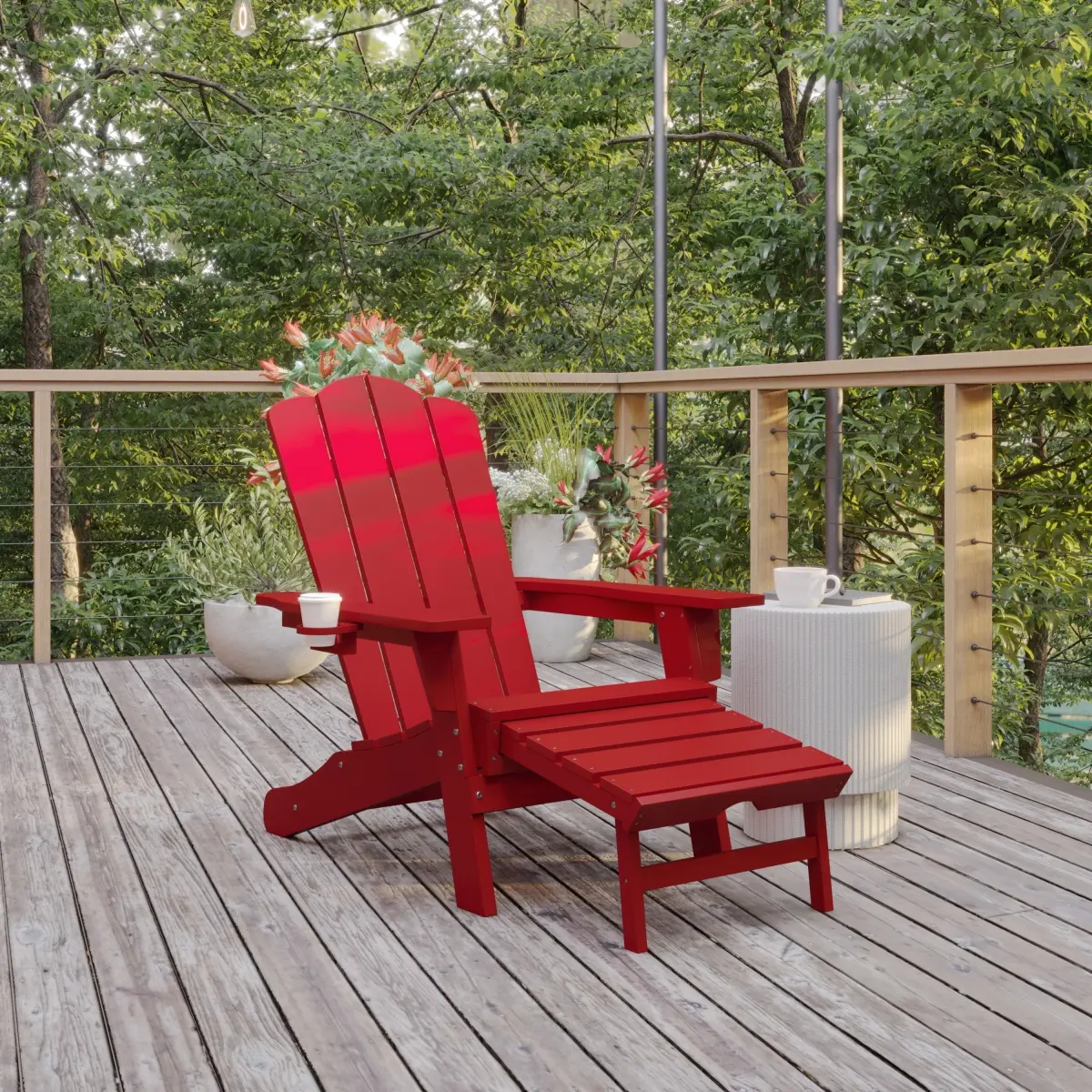 Flash Furniture LE-HMP-1044-110-RD-GG Newport HDPE Adirondack Chair with Cup Holder & Pull Out Ottoman, All-Weather HDPE Indoor & Outdoor Lounge Chair in Red