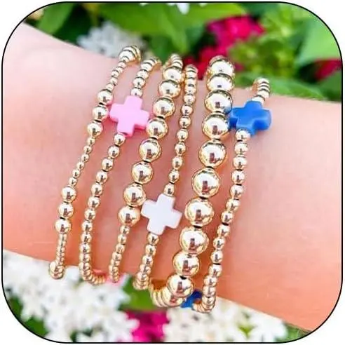 Pink+White+Blue Cross 8mm Gold Bead Elas