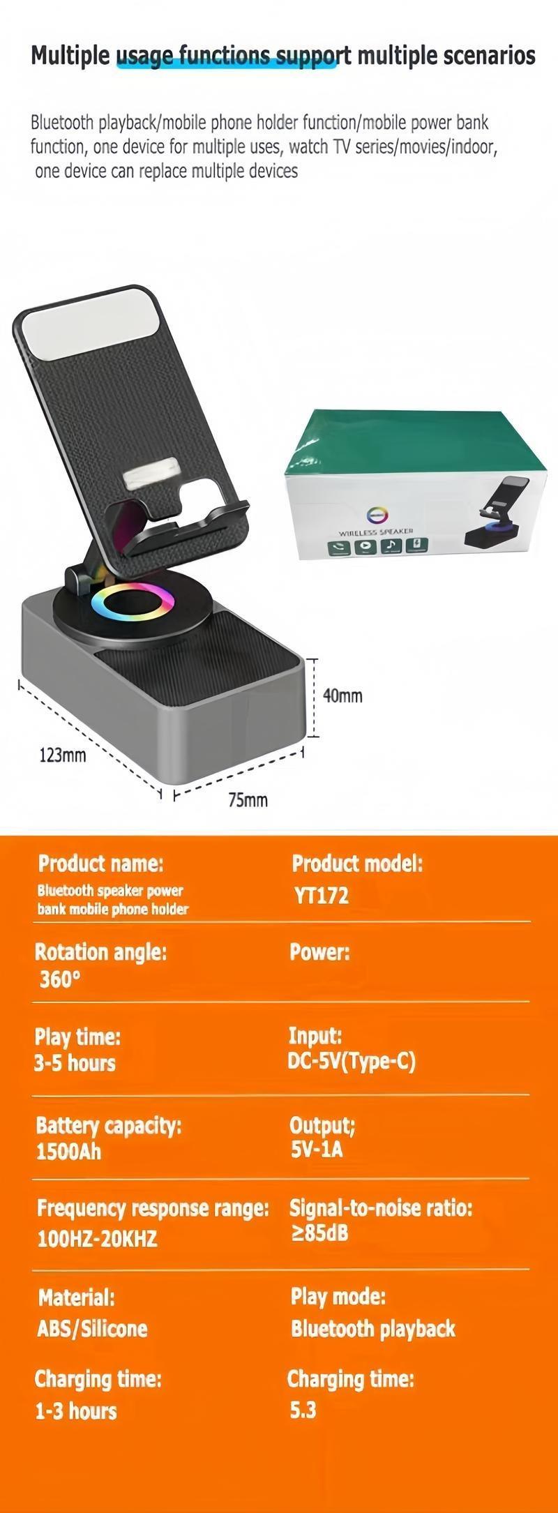 2026 New 5-in-1 Wireless Audio Bluetooth Speaker multipurpose multi-function Phone Holder Emergency Rechargeable with Colorful Ambient Light 300° Foldable for Tablet iPhone Android  Gifts for Men Women Wireless Induction Bluetooth Speaker Stand