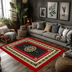 Red Black Gold Traditional Oriental Floral Crystal Velvet Area Rug Non-Slip Living Room Rug #OrientalClassicRug #HomeInteriorDecor #RedBlackGoldRug #MultiBorderFloralCarpet #CrystalVelvetRug