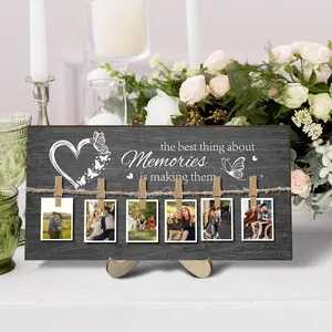 Wooden Photo Frame, 1 Count Photo Display Sign with 6 Counts Clips, Wedding Sign, Memory Table Sign, Wooden Memorial Picture Hanging Board, Family Decor