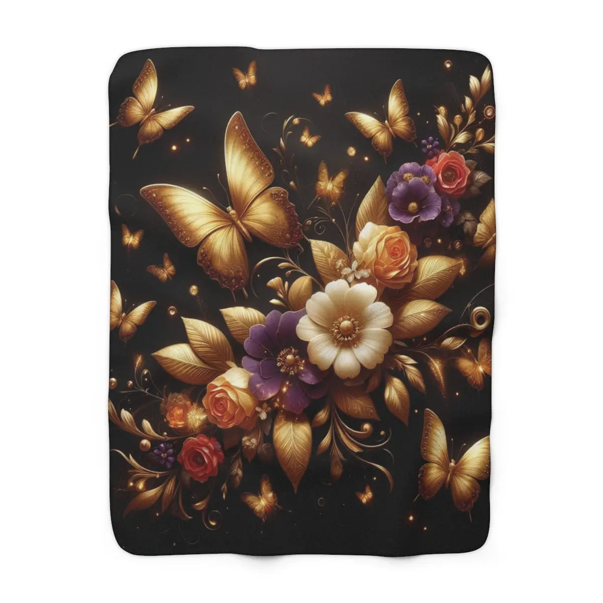 B.M.D Golden Butterfly and Flowers Fleece Blanket