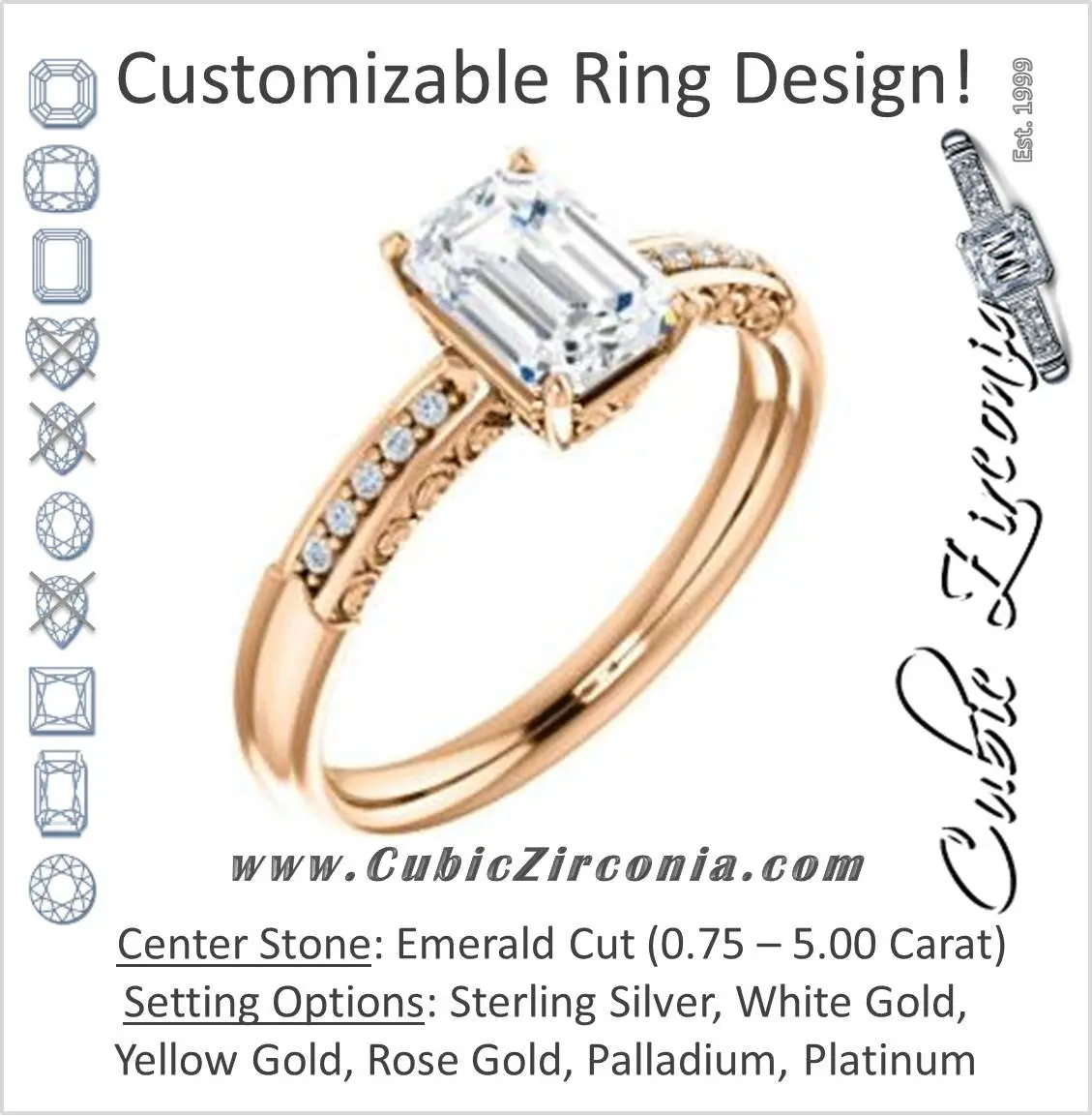 Cubic Zirconia Engagement Ring- The Shantya (Customizable 11-stone Emerald Cut Design with Round Accents & Delicate Filigree)