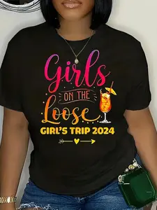 Women's Cartoon Juice & Letter & Figure Print Round Neck Tee, Fashion Casual Crew Neck Short Sleeve T-Shirt for Daily Holiday Vacation Outdoor Wear, Ladies Summer Clothes