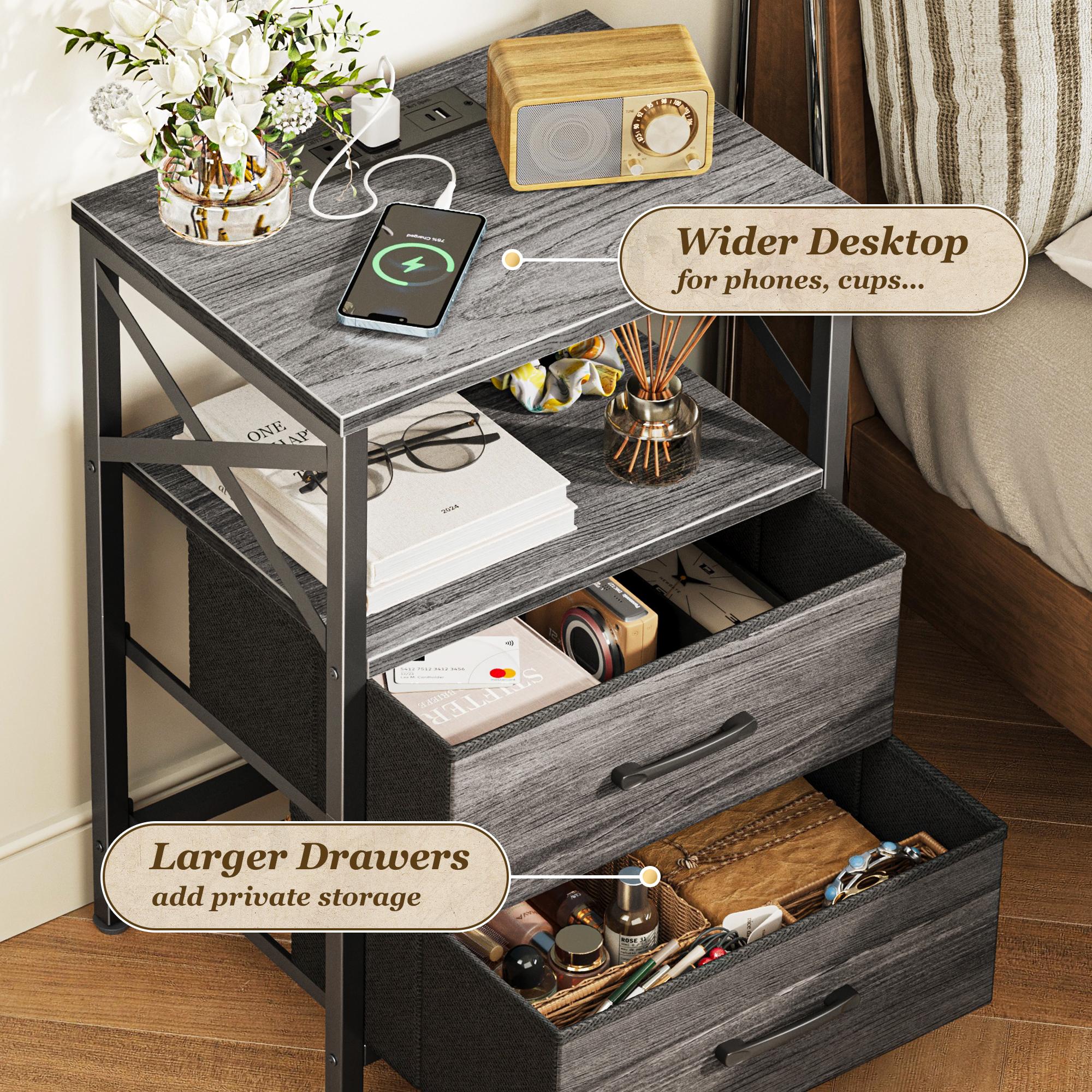 Huuger Night Stand with Charger Station, 2 Drawer Nightstand with Open Shelf, Bed Side Table with USB-C Port, End Table, Compact Size for Small Spaces, X Shaped Side Rail Huuger Night Stand with Charger Station, 2 Drawer Nightstand with Open Shelf, Bed Side Table with USB-C Port, End Table, Compact Size for Small Spaces, X Shaped Side Rail