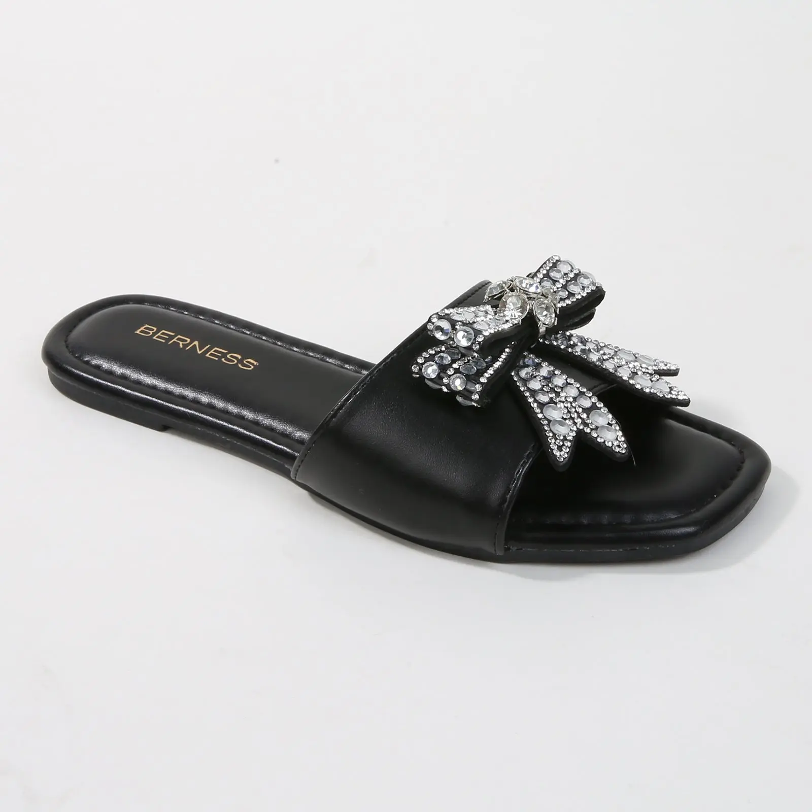BERNESS Women's Flat Slide Sandals with Oversized Rhinestone Bow, Elegant Summer Shoe with Padded Insole, Footwear