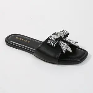 BERNESS Women's Flat Slide Sandals, Elegant Khalani Rhinestone Bow Embellished, Soft Padded Shoe
