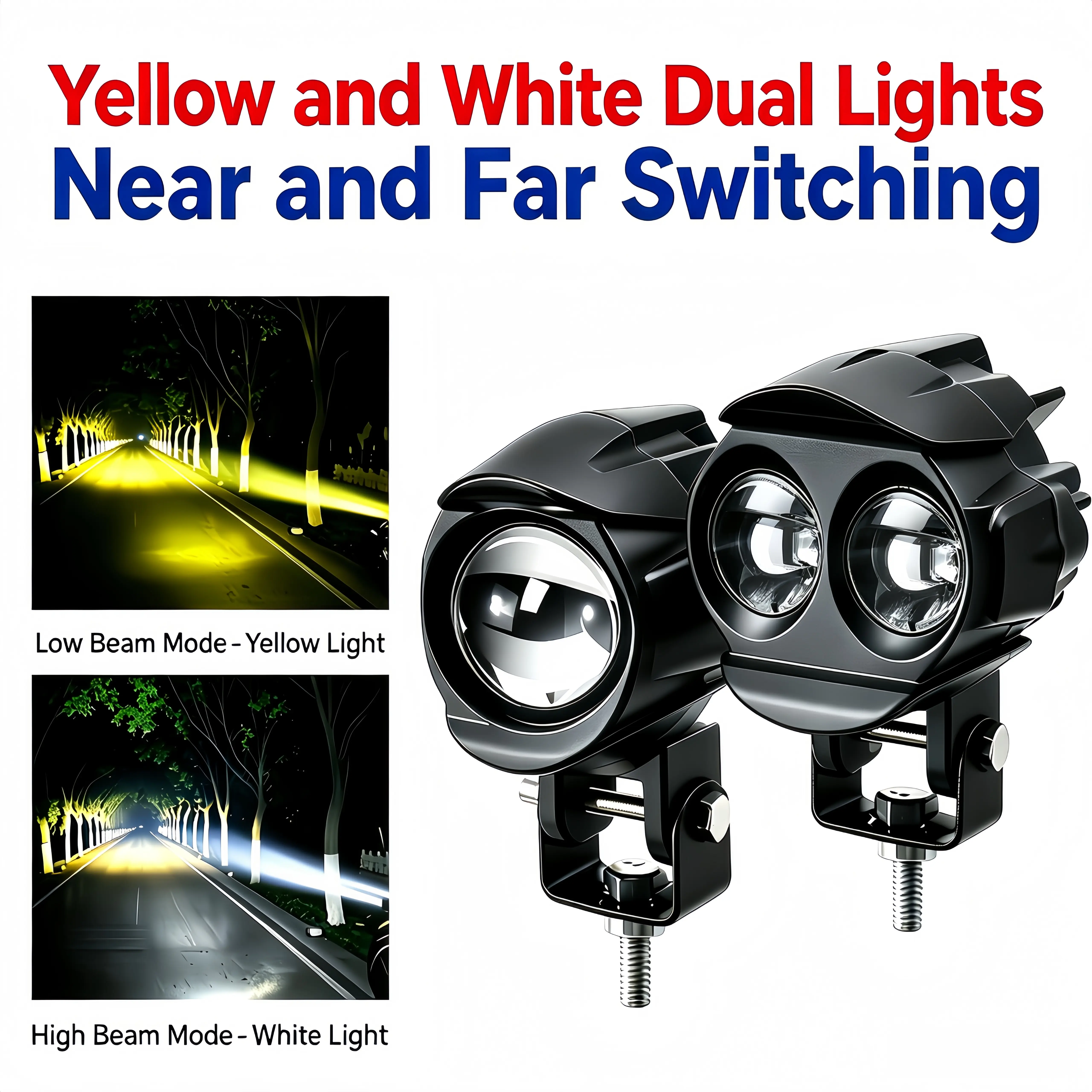 Motorcycle LED Auxiliary Spot Lamp - 12-80V Range, Single/Dual Lens, Dual Yellow-White Hi-Lo Beam with Hi/Lo Switch, High-Power Chip, drive, side heavy duty trucks, drl, tailgate strip, boyfriend husband father, signal light, aluminium metal