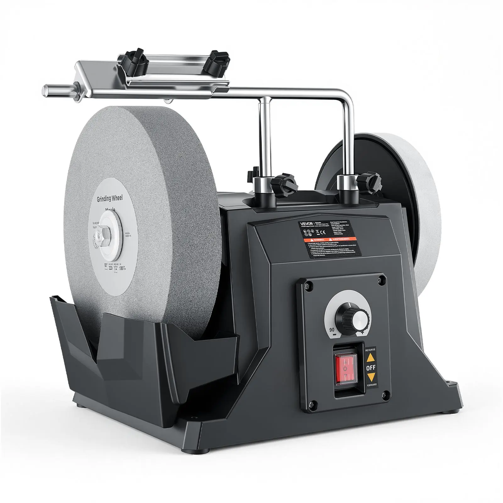 VEVOR Water-Cooled Grinder Knife Sharpener 1.2A 90–160 RPM Variable Speed, 10" Wet Grinding Wheel & 8" Leather Stropping Wheel, Wet/Dry Stone Grinding Machine with Water Tray for Knives Chisels, 120V