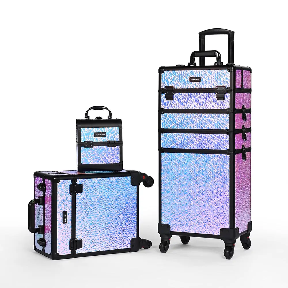 Byootique 3-Piece Professional Makeup Train Case Cosmetic Organizer Set with Optional Design Themes(Mermaid, Rococo, ForgetMeNot, CoyoteButtes, Art Deco)