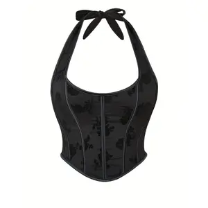 Jacquard Halter Strapless Corset, Abdominal Control Lace-up Push-up Shapewear, Women's Underwear and Shapewear