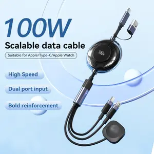 3-in-1 multifunction fast Charging cable: 100W with 3 Cables (Type-C/USB-A/Lightning) + Magnetic Pad, Fast Charge iPhone/Android/iPad/AirPods/Apple Watch Simultaneously (PD3.0/QC4.0/Safety Certified) Charger Retractable Electronic Smartphone