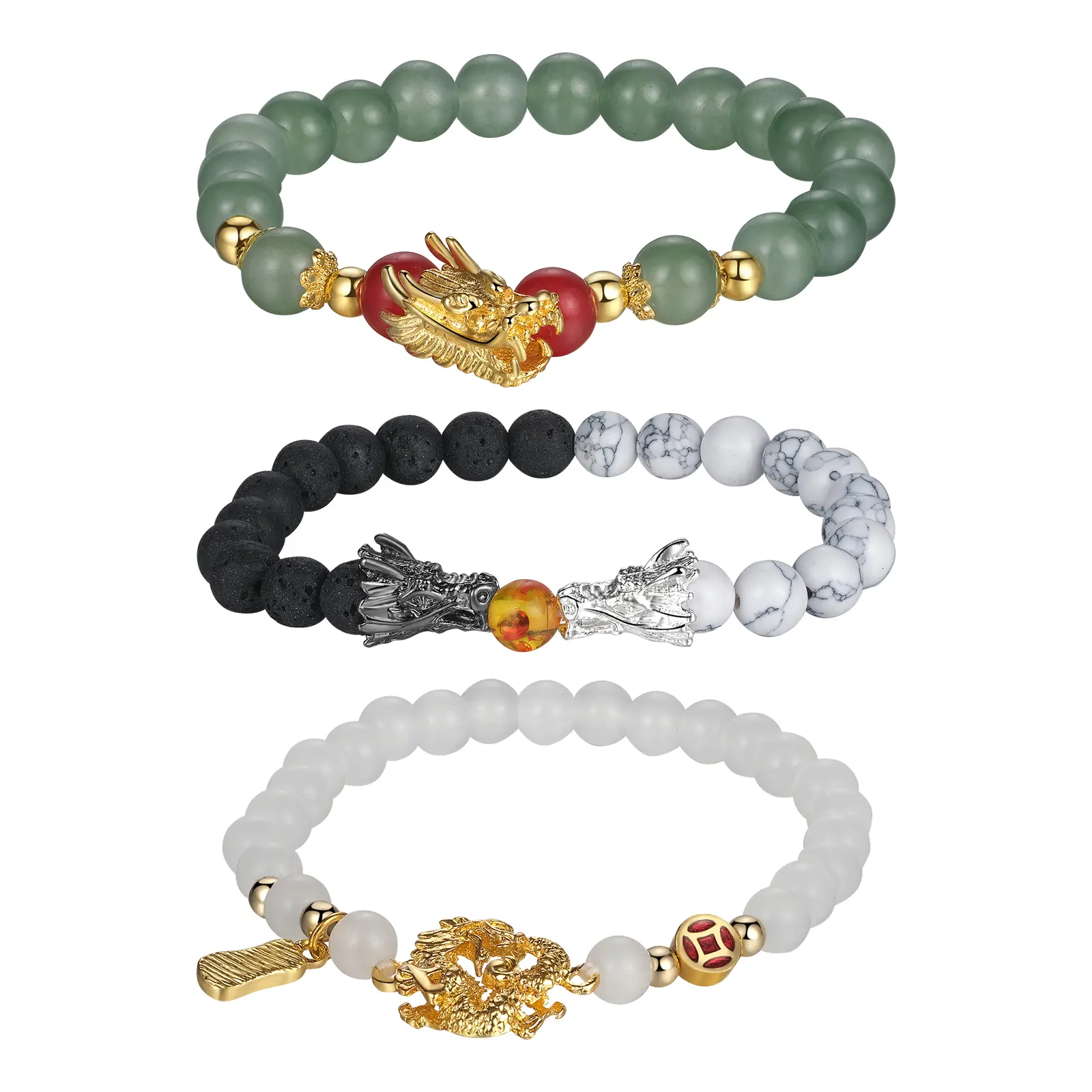 OIDEA Dragon Bracelet Set for Men Women, 3 Pcs Chinese Zodiac Lucky Charm Stretch Bracelet, Feng Shui Energy Stone Bracelets Gift
