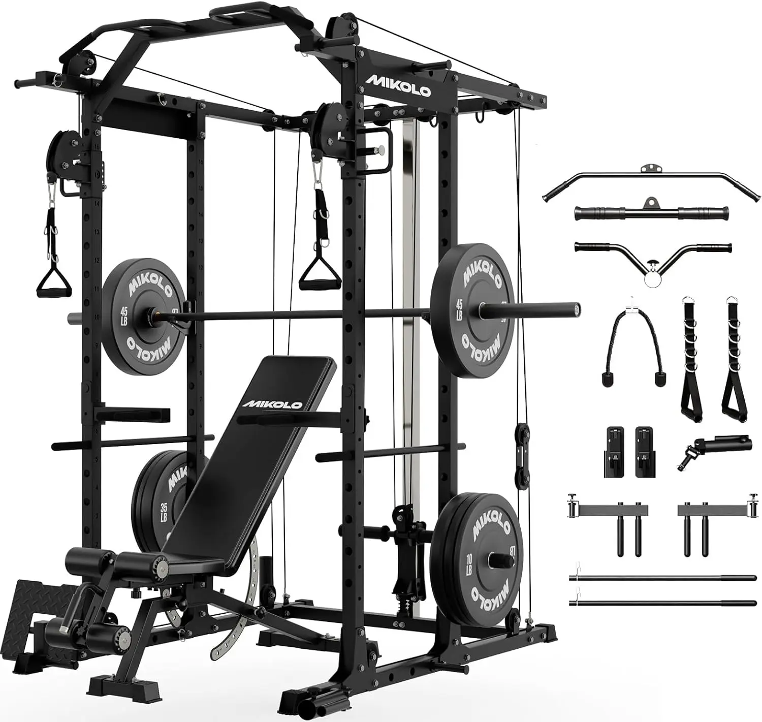 Mikolo Power Cage, Power Rack with Cable Crossover System, 1500LBS Squat Rack with LAT Pull Down System, Workout Cage with Pulley System for Fitness Home Gym