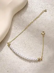 1 Pc Elegant Golden Pearl Stack Bracelet for Women Men Stylish Unisex Accessory Premium Copper Stackable Chain Bracelet Exquisite Pearl Embellishment Soft Refined Charm Warm Golden Finish Fine Polishing Lasting Metallic Luster