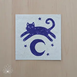 Cat Jumping Over The Moon Linocut on Lokta Paper, 4"x4"