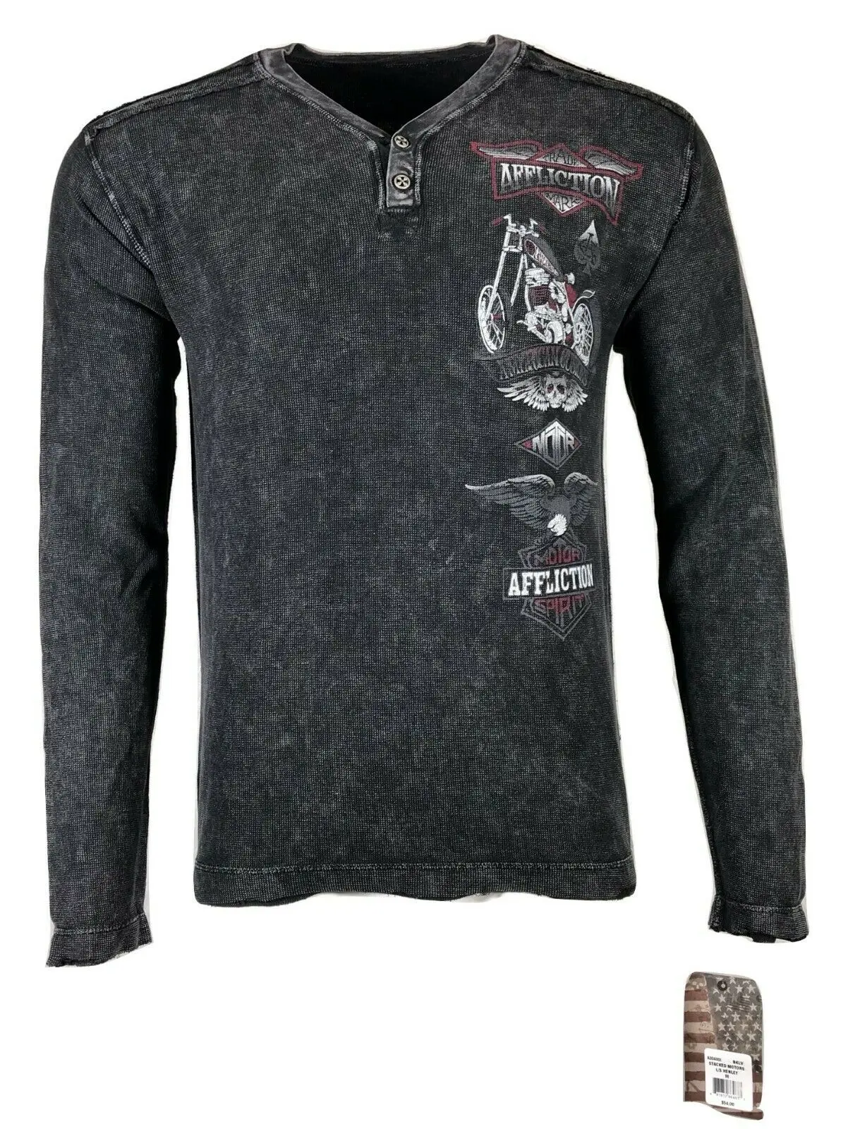 Affliction Longsleeve T-Shirt for Men, Stacked Motors Gothic Biker Skull Graphic, 100% Cotton Round Neck Street Menswear, Pull On, Top