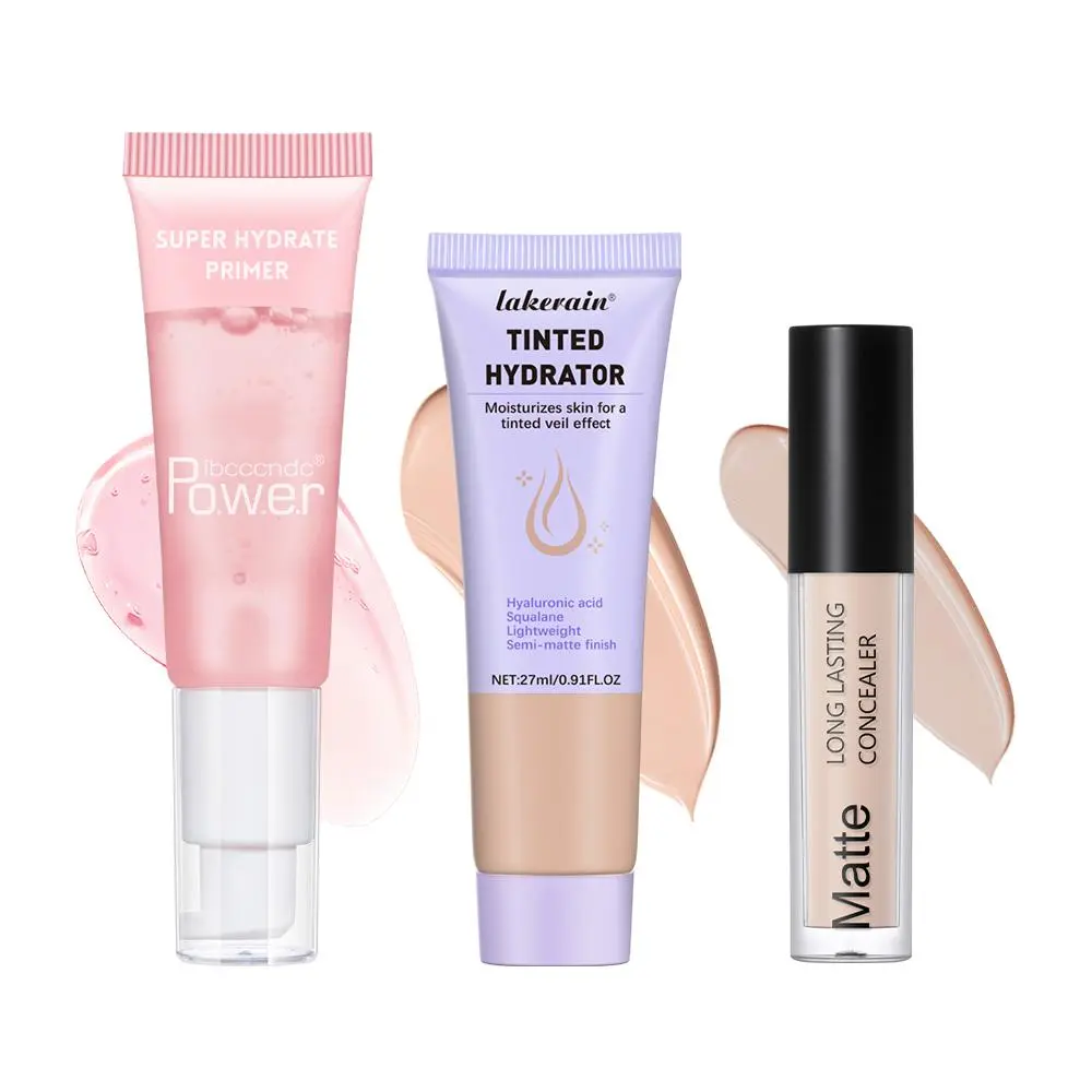 3 in 1 Makeup Set, Moisturizing Primer & Highlighter Foundation & Quick Drying Concealer, Natural Brightening Makeup Set for Women, Hydrating, Makeup Set Kit, Face Makeup Sets, Cosmetic Set, Beauty Set