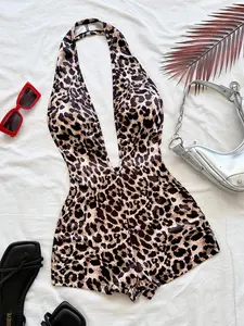 Sweet Cool Leopard Print Halter Deep V Cutout Jumpsuit, Sexy Backless Slimming Short Pants, Women's Fashion One-Piece