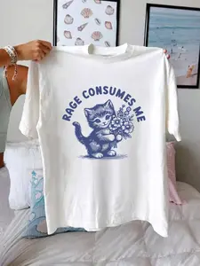 Women's Angry Cat & Letter Print Round Neck Tee, Casual Comfy Tee, Trendy Casual Chic Minimalist Floral Graphic Short Sleeve T-shirt for Daily Wear, Ladies All Seasons Outfit