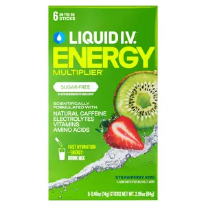Liquid I.V. Sugar-Free Energy Hydration Multiplier, Electrolyte Drink Mix with Caffeine, Strawberry Kiwi, 6 Sticks