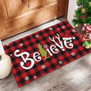 Grinch ‘Believe’ Christmas Plaid Flannel Doormat | Festive Holiday Home Decor Rug | Winter Entryway Mat | Cute Gift for Grinch Fans